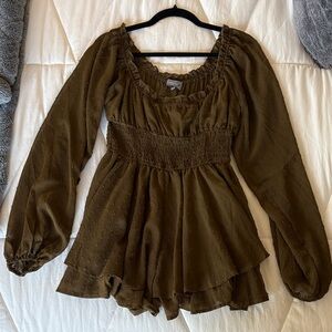 Urban Outfitters Smocked Waist Long-Sleeve Peplum Romper Dress — Olive Green